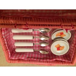 Childrens china tea set in pink basket