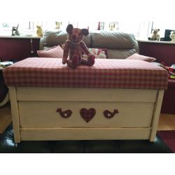 Pretty wooden storage/toy/blanket box with upholstered seat