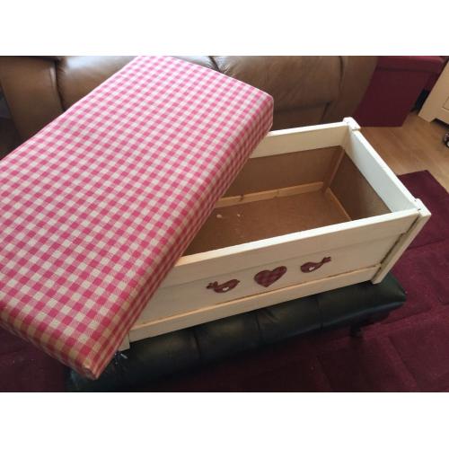 Pretty wooden storage/toy/blanket box with upholstered seat