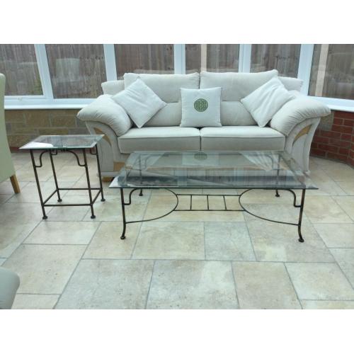 Steel framed glass top coffe table and side table for sale