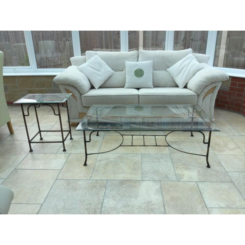 Steel framed glass top coffe table and side table for sale
