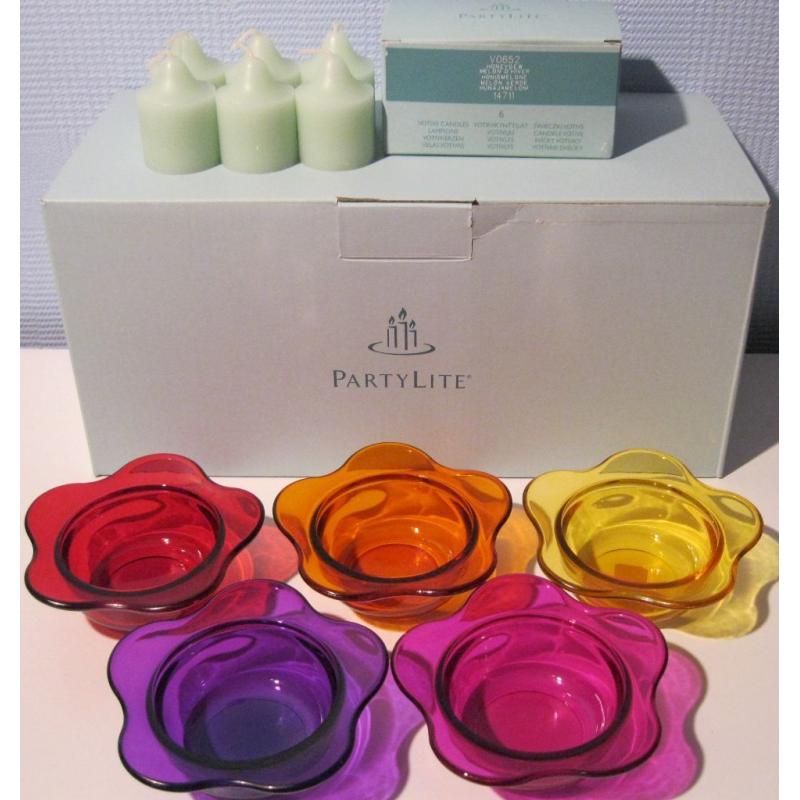 Partylite set of 5 tealight/votive/candle holders and votives. NEW and boxed.