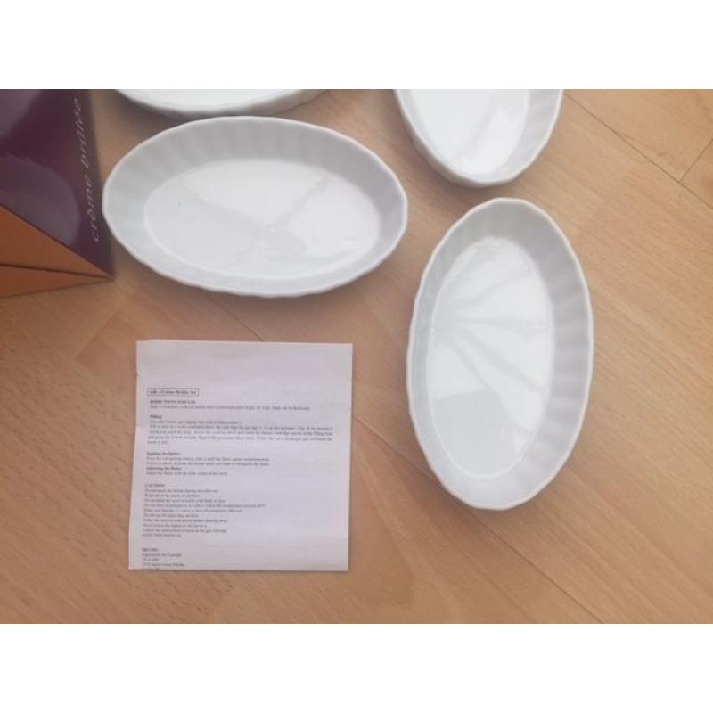 Creme Brûlée Set - Torch and 4 oval Dishes. Boxed, used once. Collection Netley Abbey
