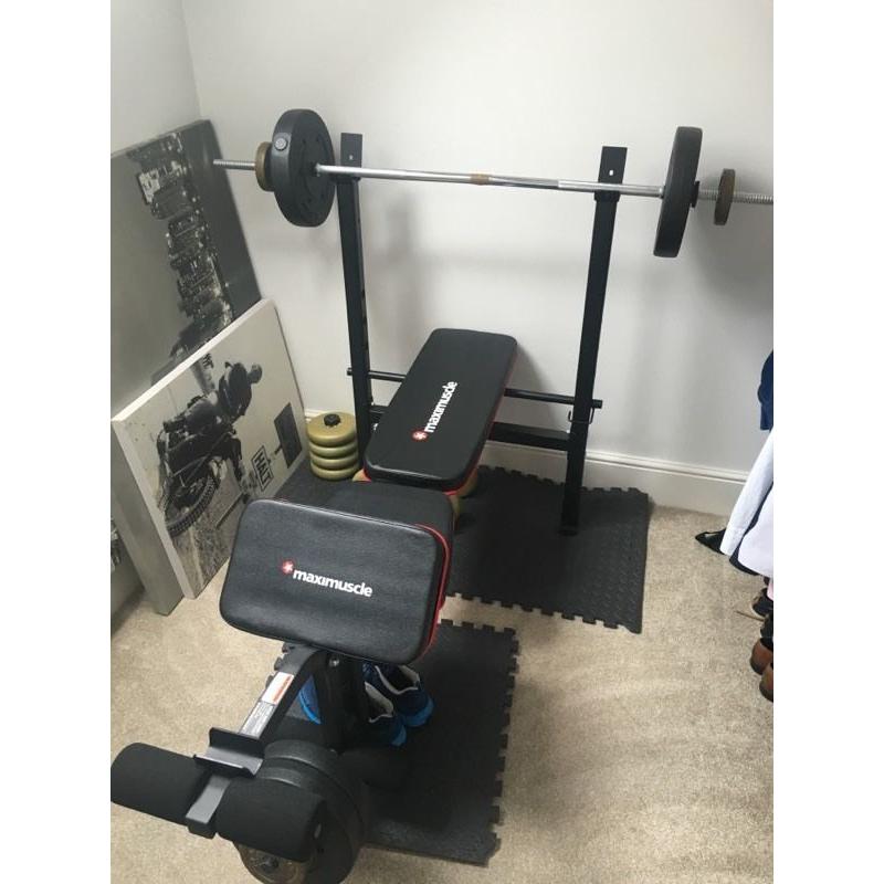Maximuscle weight bench, weights and bar