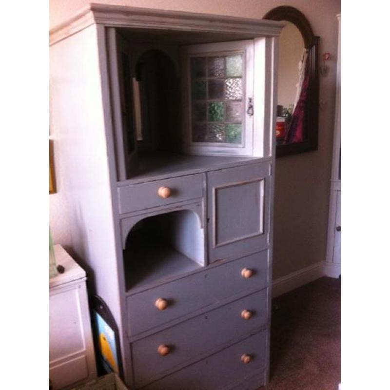 Cupboard Chest of Drawers Stained Glass Doors Mirror Solid Wood Shabby Chic