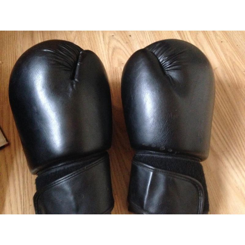 Kick boxing gloves, foot & shin pads, wraps, sparring mits, and bag