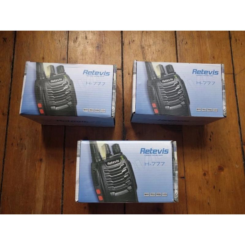 3 Retevis walkie talkies with 16 channels, up-to 5km range. Barely used