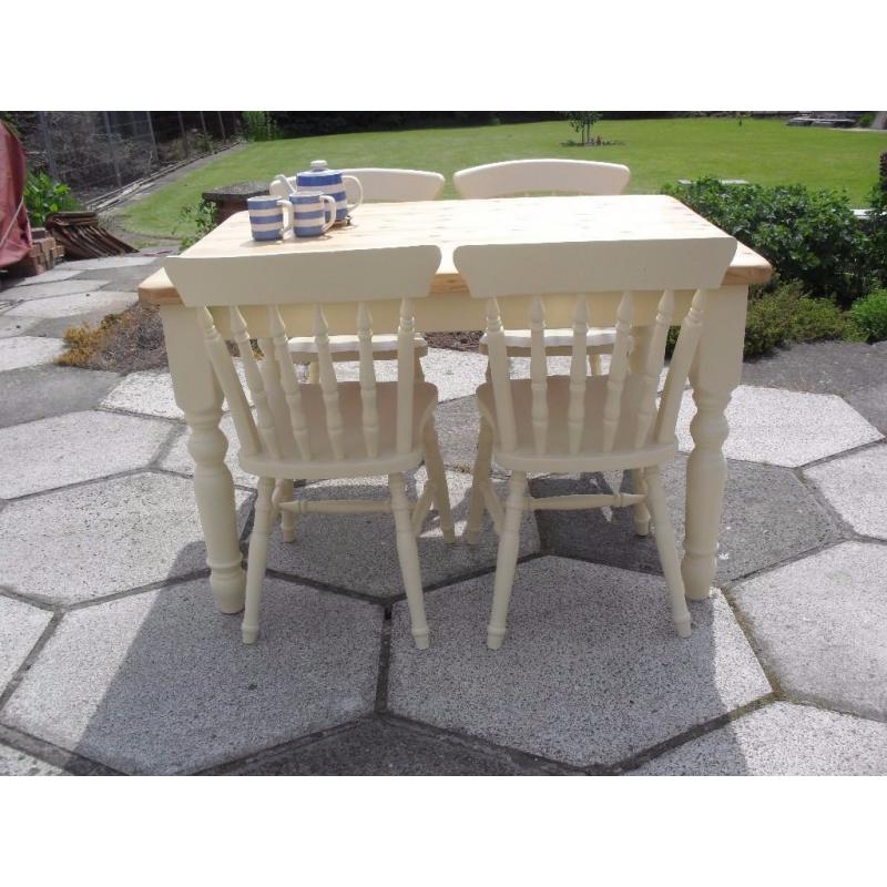 Shabby Chic Solid Pine Farmhouse Country Oblong Table and 4 Chairs In Farrow & Ball Cream No 67