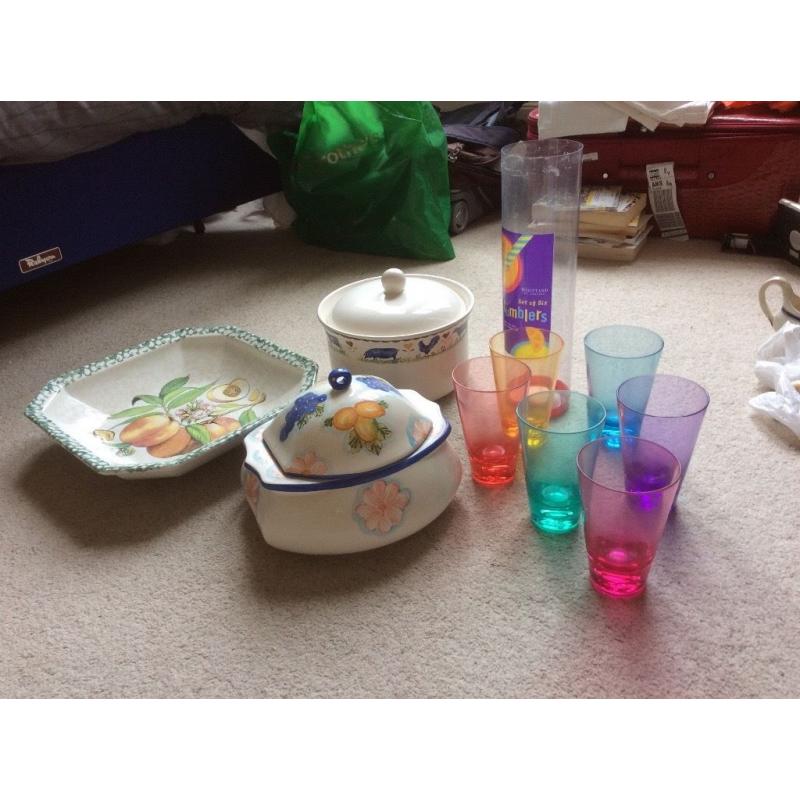 Casserole dish,colourful tumblers ,Italian and other