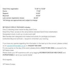 BEYONCE GOLD CIRCLE VIP EARLY ENTRY 3PM *PLUS VIP MERCHANDISE AT HAMPDEN