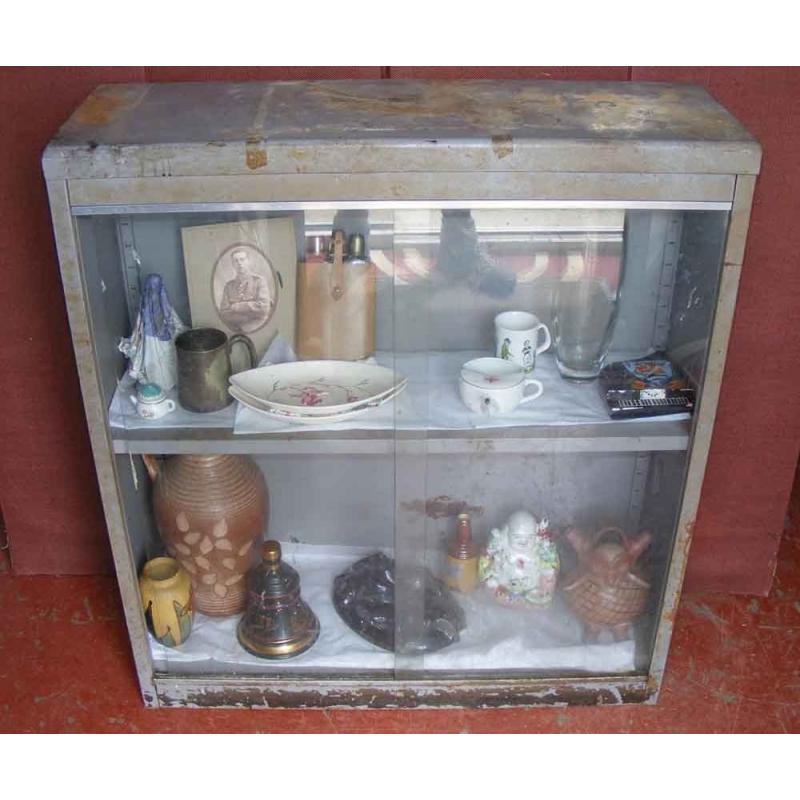Vintage Steel Industrial Double Door Glass Fronted Free Standing Display Cabinet.36"W x 12" D x 40"H