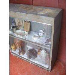 Vintage Steel Industrial Double Door Glass Fronted Free Standing Display Cabinet.36"W x 12" D x 40"H