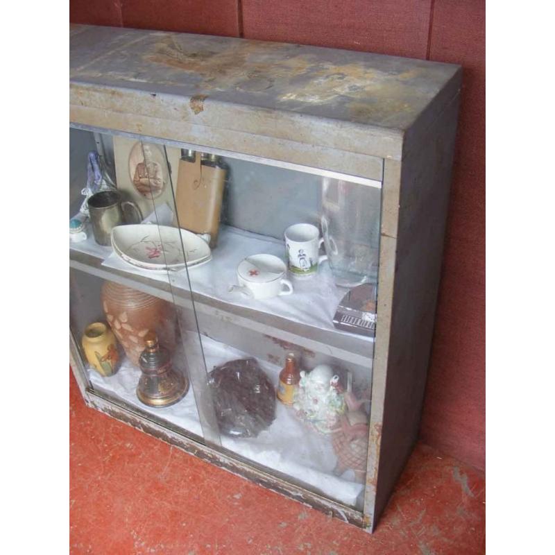 Vintage Steel Industrial Double Door Glass Fronted Free Standing Display Cabinet.36"W x 12" D x 40"H