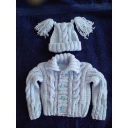 New hand made Aran cable cardigan and hat set boys and girls