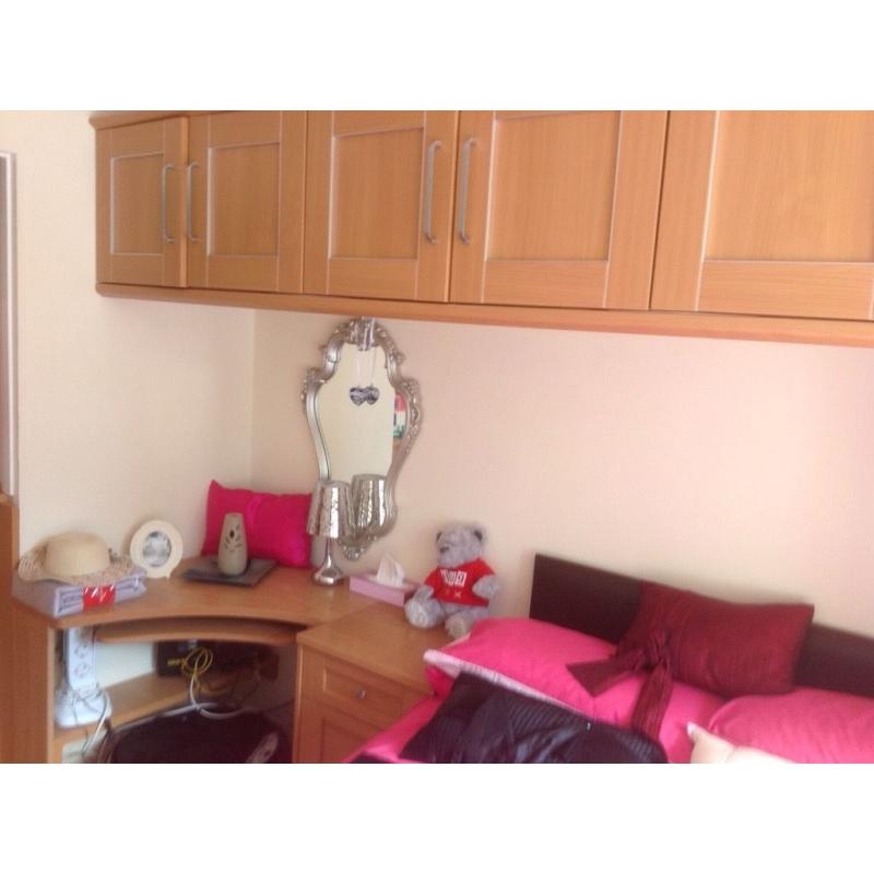 Fitted wardrobes, bedside table and computer desk in Beech wood with satin handles, hygena range