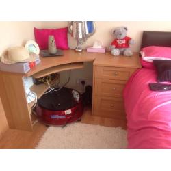 Fitted wardrobes, bedside table and computer desk in Beech wood with satin handles, hygena range