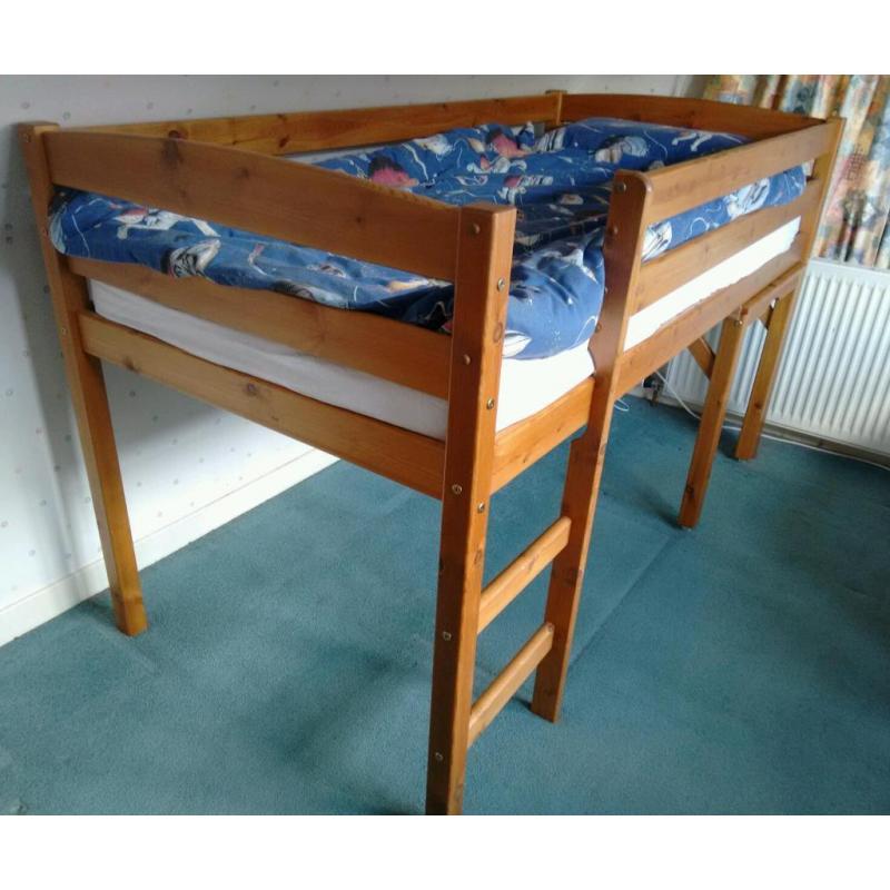 Pine mid-sleeper bed with pull-out desk/side table with instructions