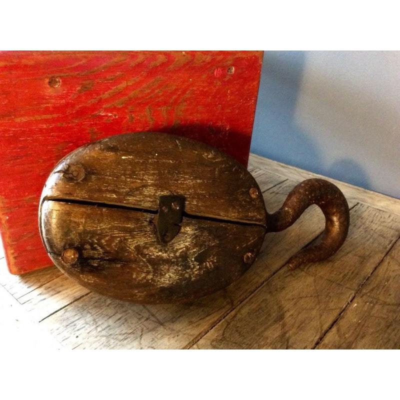 Antique Wood and Iron Hook Pulley