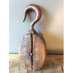 Antique Wood and Iron Hook Pulley