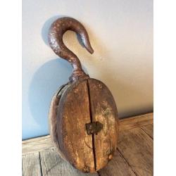 Antique Wood and Iron Hook Pulley