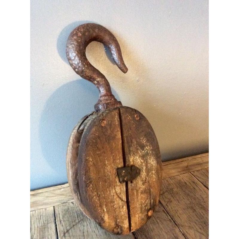 Antique Wood and Iron Hook Pulley