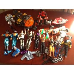 11 Action men with submarine, skateboard, skis and zip wire