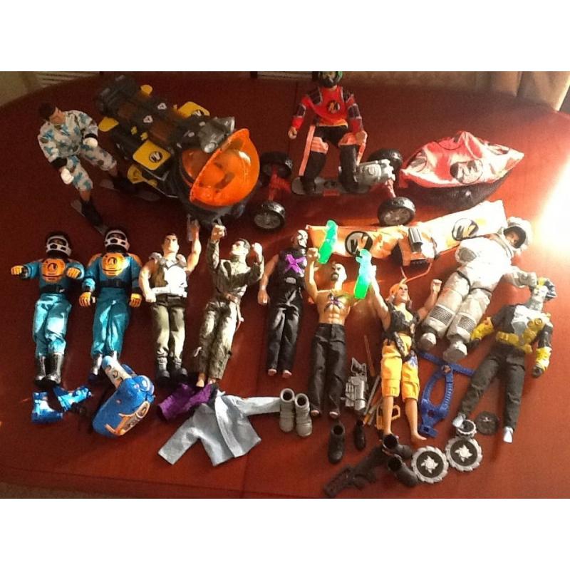 11 Action men with submarine, skateboard, skis and zip wire