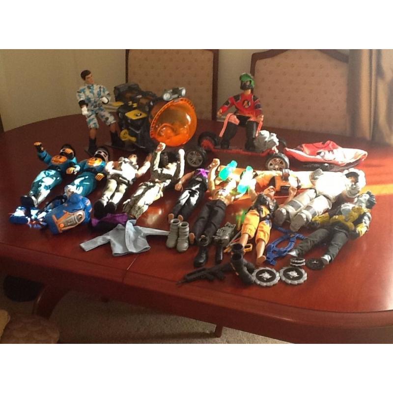 11 Action men with submarine, skateboard, skis and zip wire