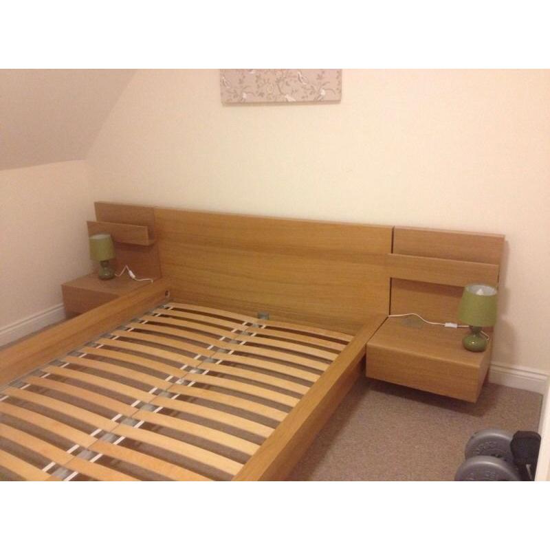 IKEA MALM DOUBLE OAK BED & ATTACHED BEDSIDE TABLES