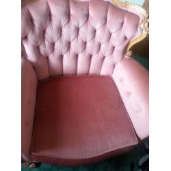 RARE-French-Rococo-Louis-Vintage-Chesterfield-Hand-Carved Dusty Pink Velvet + 2 chairs