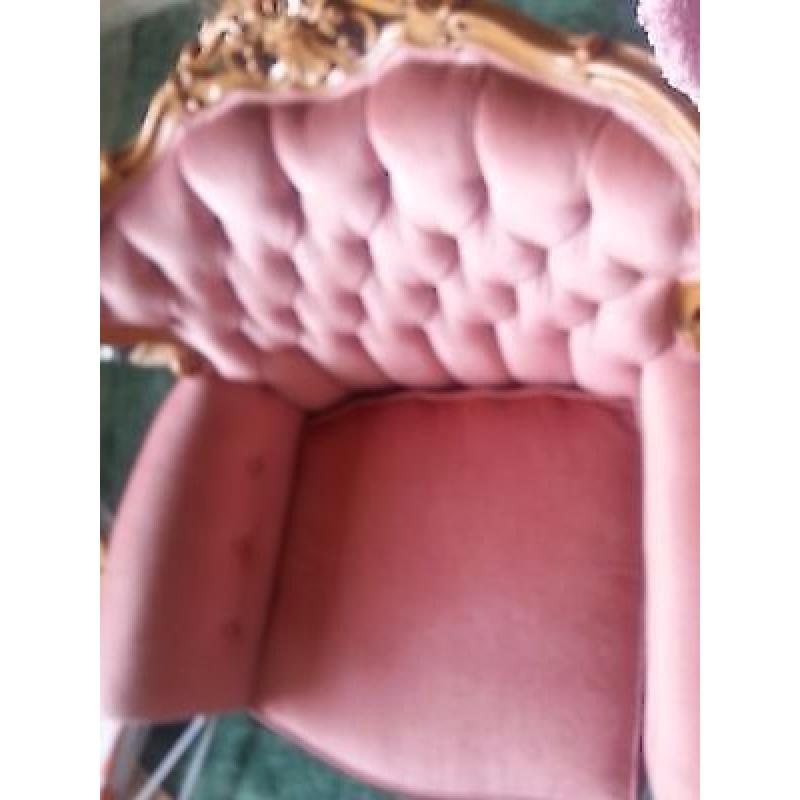 RARE-French-Rococo-Louis-Vintage-Chesterfield-Hand-Carved Dusty Pink Velvet + 2 chairs