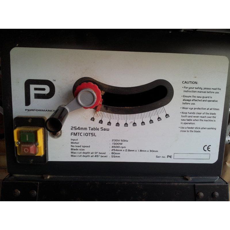 Performance Power 1500W, 254mm Table Saw / Bench Saw Complete With Stand & 3 blades