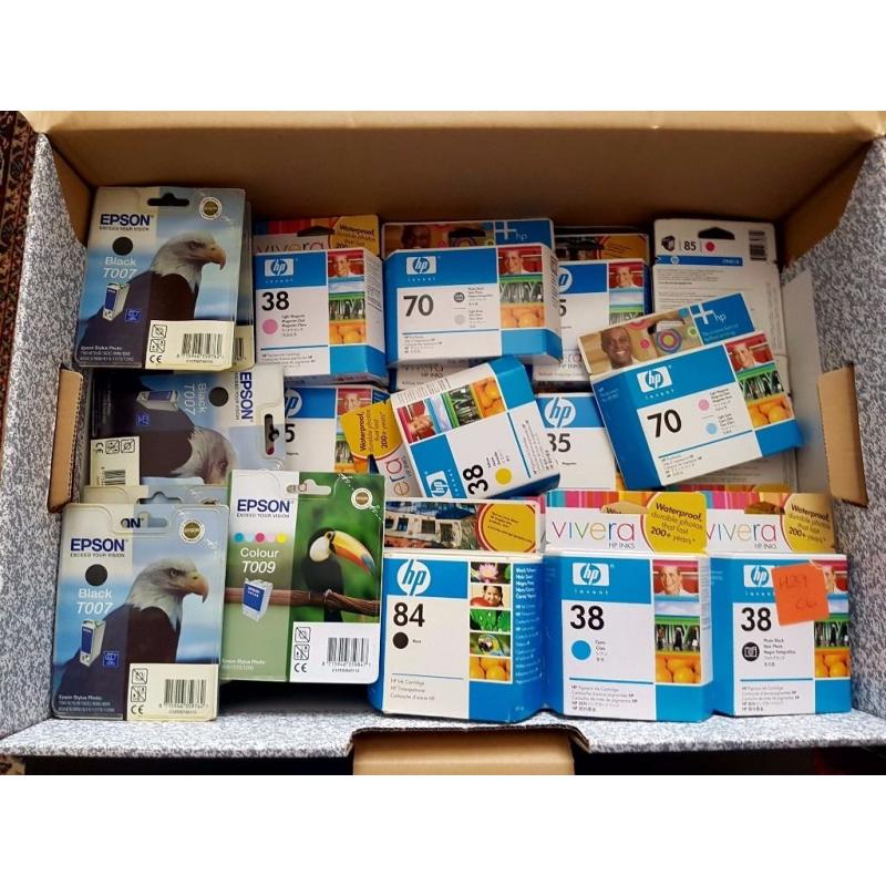 Massive box of mixed genuine HP and Epson ink & printhead - HP35, HP38, HP70, HP84, Epson T007, T009