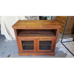 Solid Indian wood cabinet with shelf and two doors, good condition