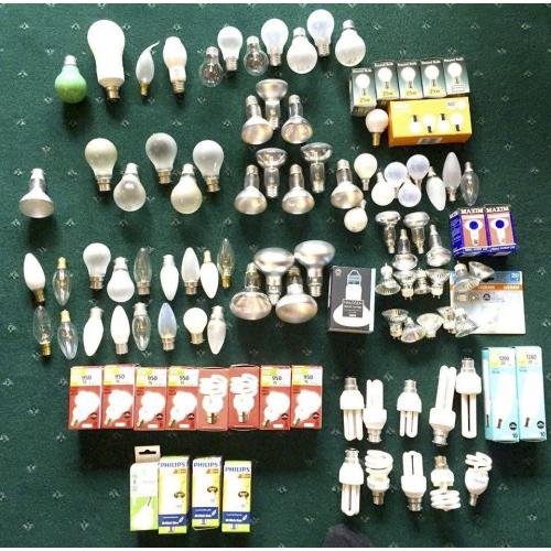 Box of 115+ mixed light bulbs (working) - halogen incandescent cfl bayonet screw