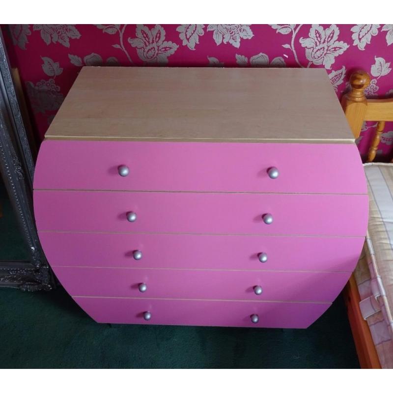 Children's matching pink wardrobe and chest of drawer. Can be bought separately.