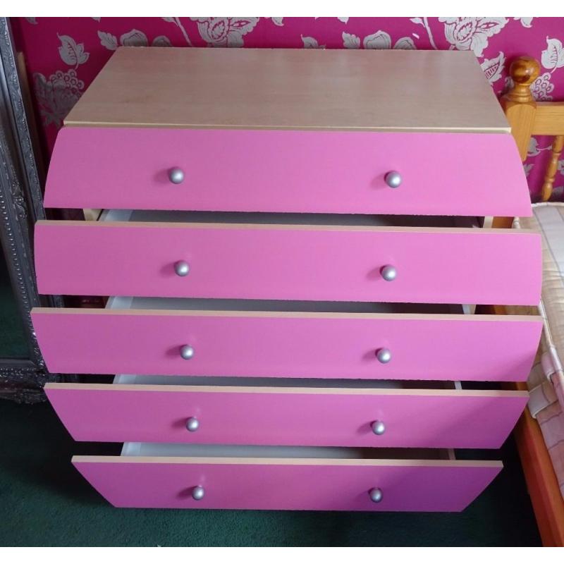 Children's matching pink wardrobe and chest of drawer. Can be bought separately.