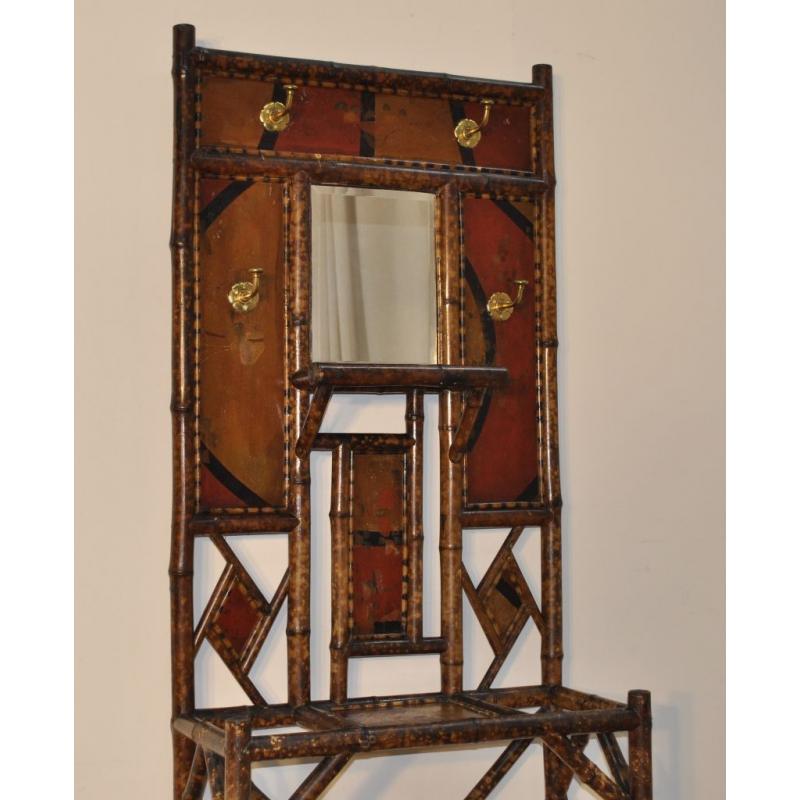 Attractive Antique Victorian Oriental Bamboo Mirror Back Hall Coat Stick Stand