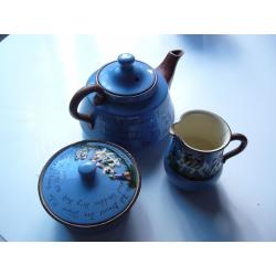 Three piece Widecombe fair pottery. Old original. Tea pot Cream and sugar.