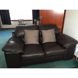 3 seater sofa, 2 seater sofa and footstool all in dark brown leather for sale.