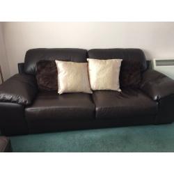 3 seater sofa, 2 seater sofa and footstool all in dark brown leather for sale.