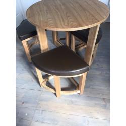 Beech Wood round table and 4 stools with brown leather seat pad