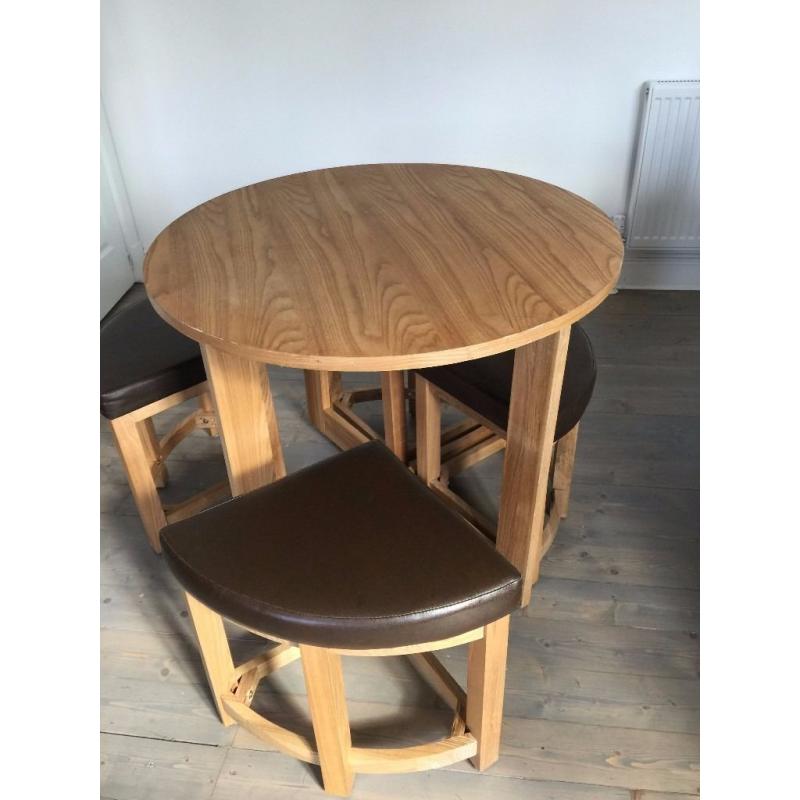 Beech Wood round table and 4 stools with brown leather seat pad