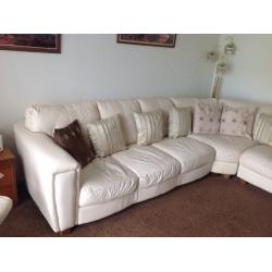Leather corner suite and 2 pine wood kitchen/ bar stools.