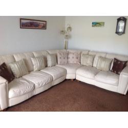 Leather corner suite and 2 pine wood kitchen/ bar stools.