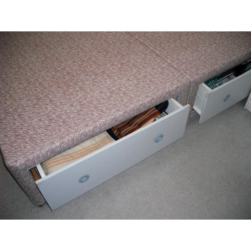 Double divan 4 drawer bed, complete with 'Myers' mattress and 'Ivory Headboard'.