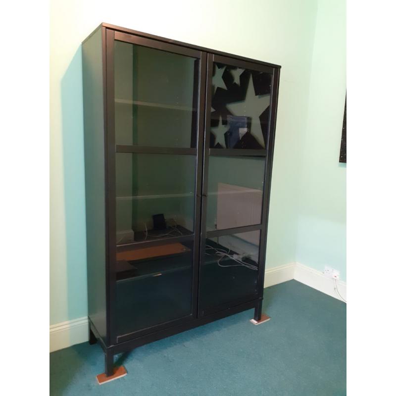 Large solid pine shelving unit with glass doors