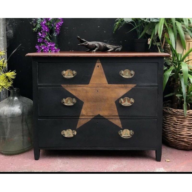 CHEST OF 4 DRAWERS STAR FRONT BLACK INDUSTRIAL SOLID WOOD EDWARDIAN PINE