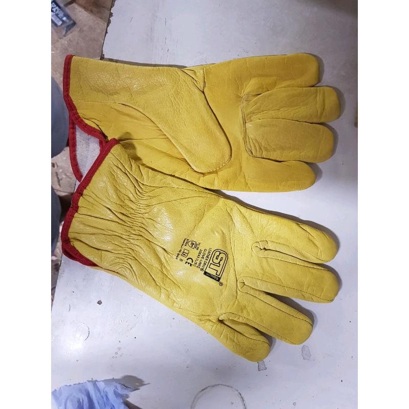 Leather work/driving gloves large 3 pairs plus 5 pairs rubber/nitrile