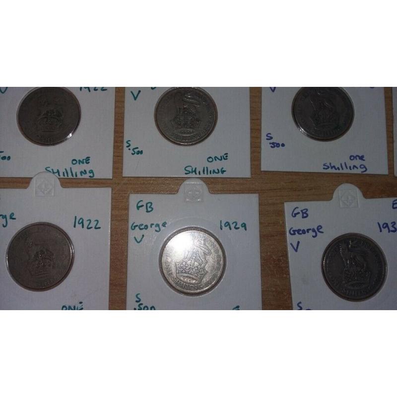 silver one shilling coins king george V queen victoria.